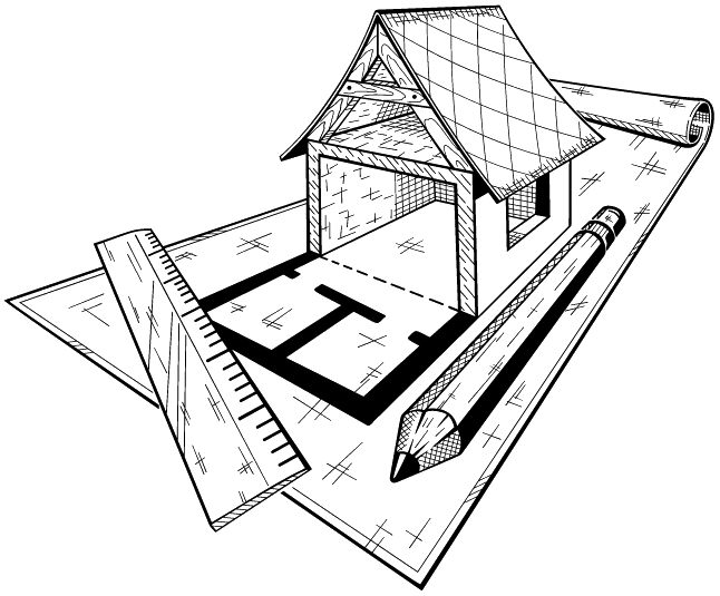 Sketch of house on top of floor plan with ruler and pencil